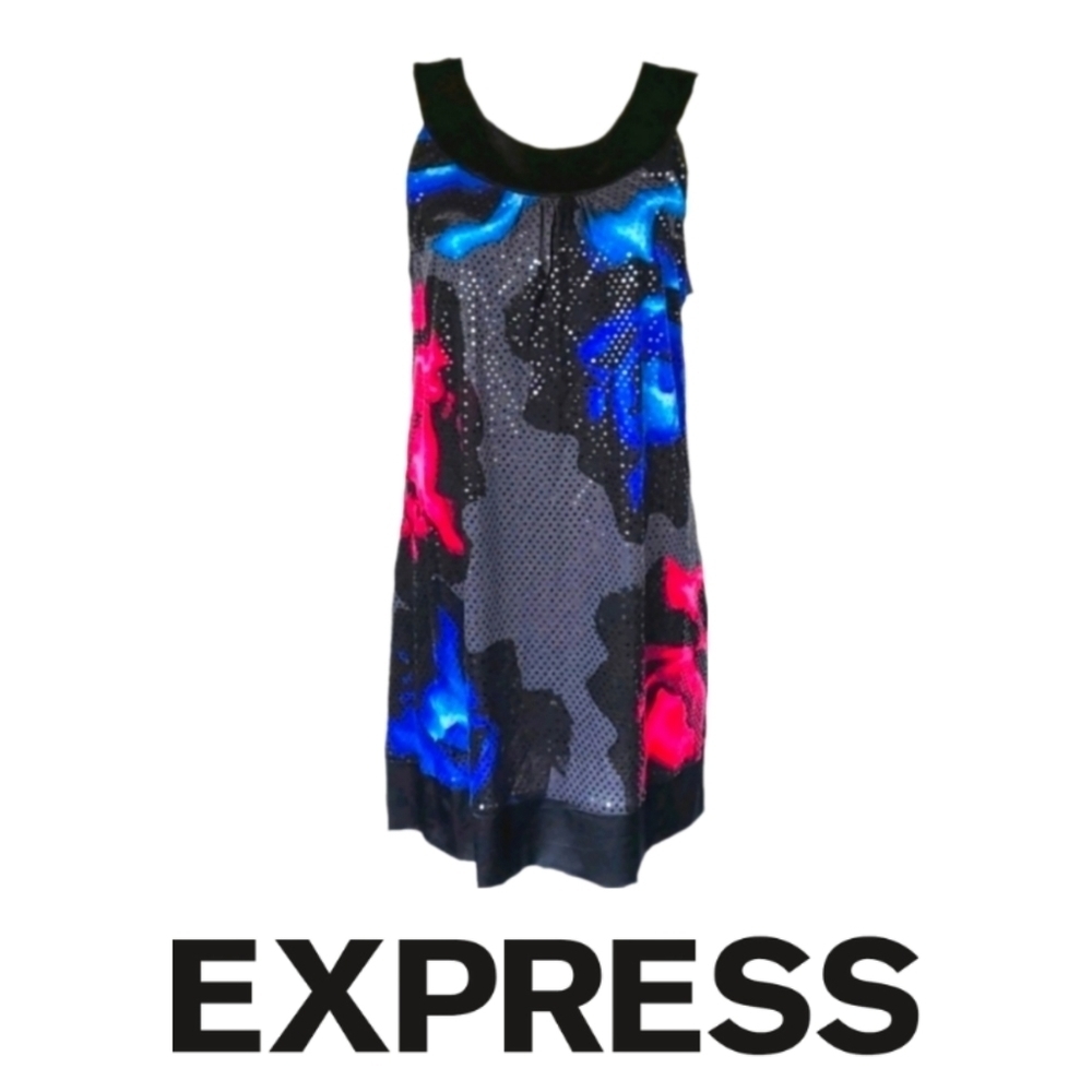 Express Retro Sparkle Sateen Dress in Black Blue Pink w/ Pockets, L